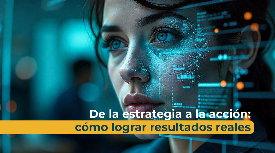 Profesional analizando datos digitales para la ejecución de la estrategia empresarial.
