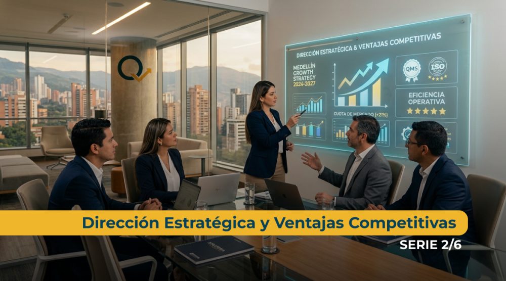 Empresarios analizando esquema de dirección estratégica y ventajas competitivas en Qualytas.